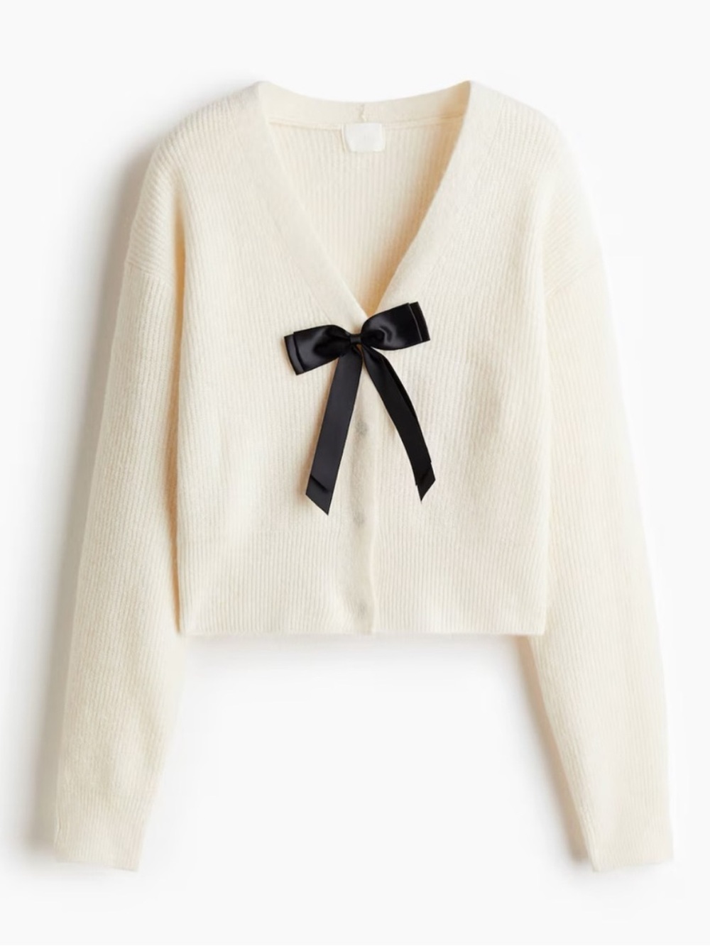 NWOT H&M Rib-Knit Cardigan Cream with Black Bow Size Small